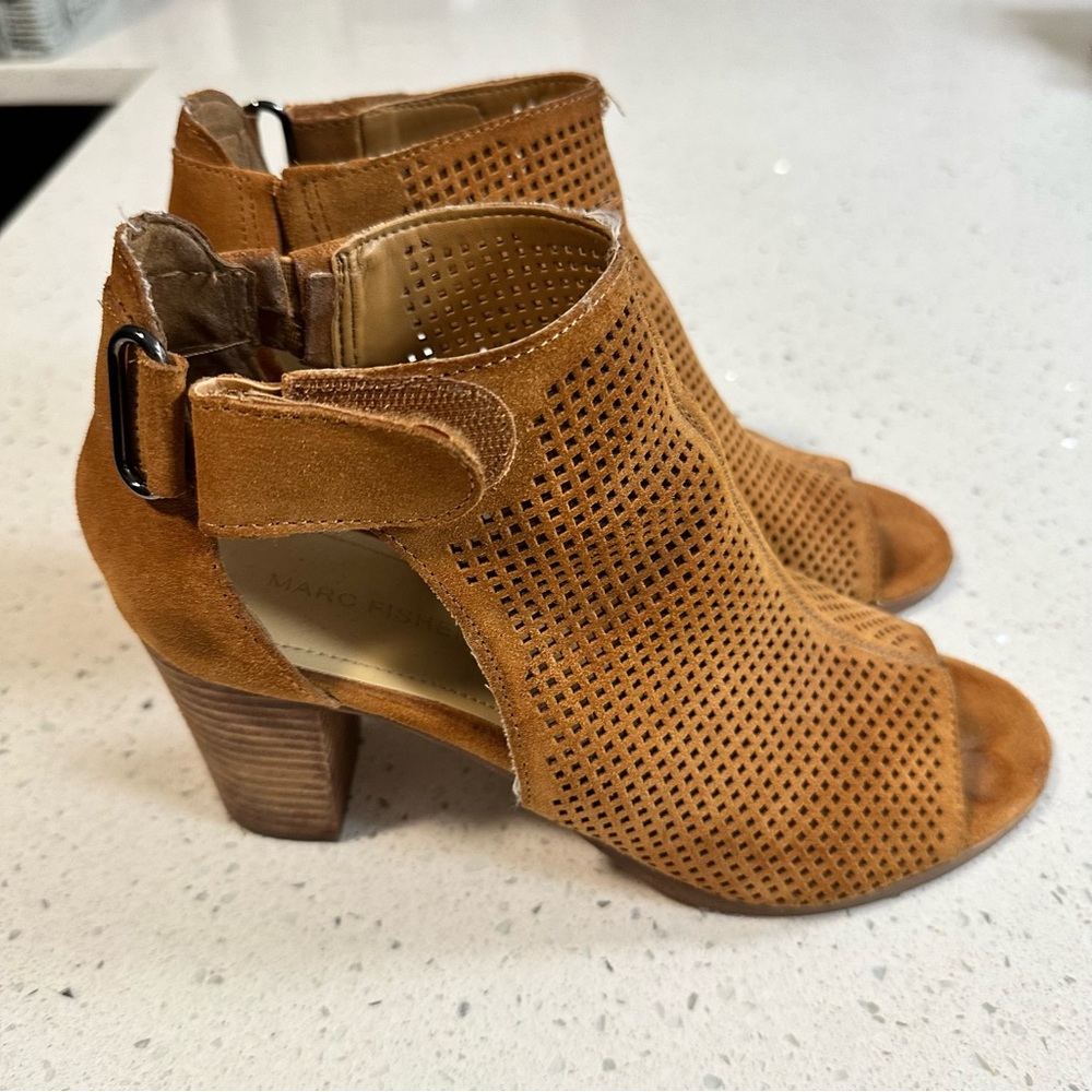 Marc Fisher Peep Toe Booties Suede Cognac Brown - Size 9